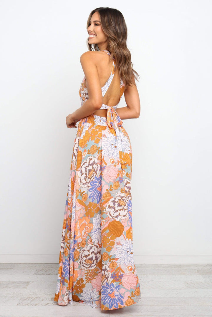 Orange Boho Floral Print Backless Lace-