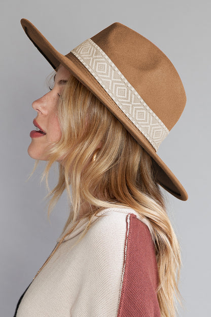 Brown Western Patchwork Flat Brim Cowboy Woven Hat