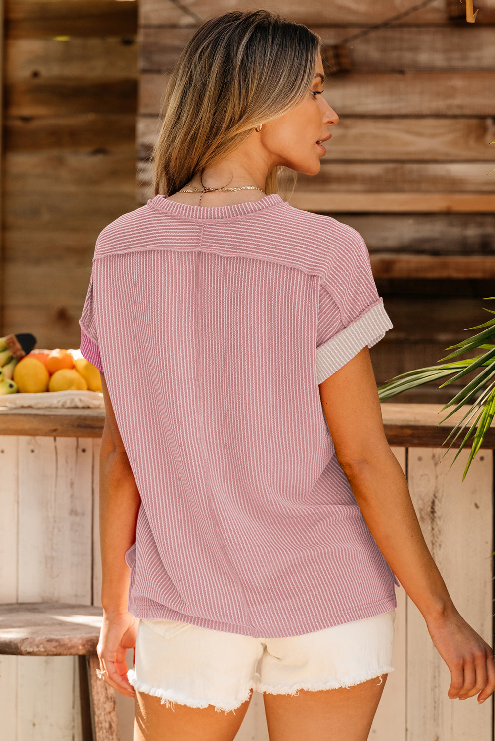 Apricot Pink Colorblock Ribbed Round Neck T Shirt