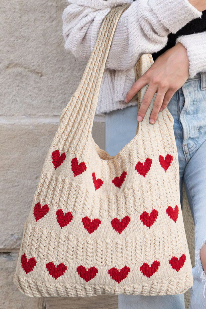 Apricot Colorblock Heart Pattern Knit Shoulder Bag