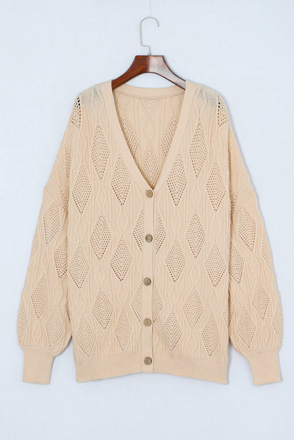 Apricot Knitted Hollow out Button up Plus Size Cardigan