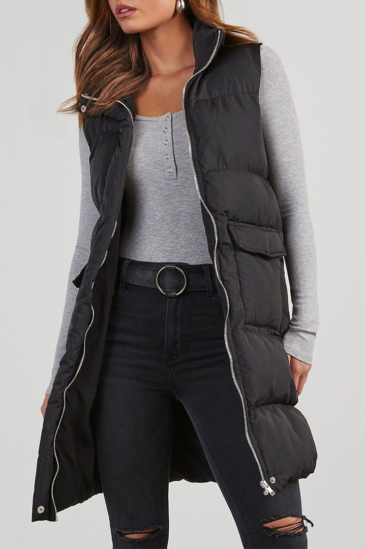 Black Solid Color Puffer Zip Up Pocketed Vest Coat