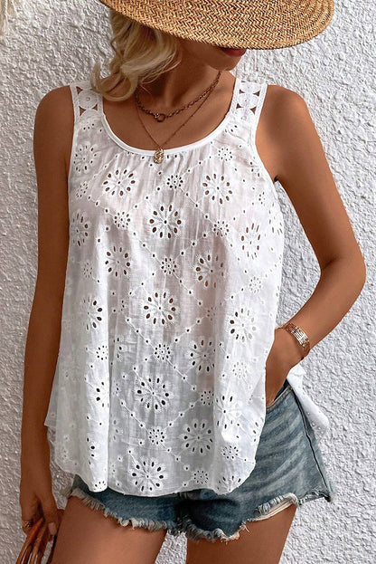 White Eyelet Embroidery Flowy Tank To