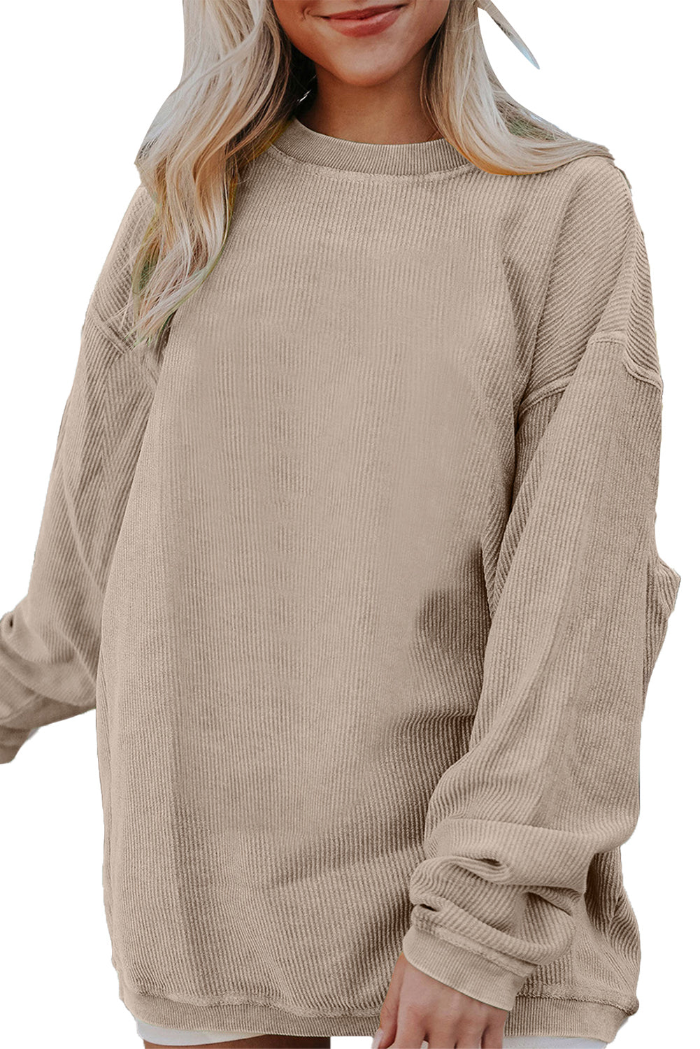 Smoke Gray Plain Drop Sleeve Crinkle Rib Oversized Sweatshirt