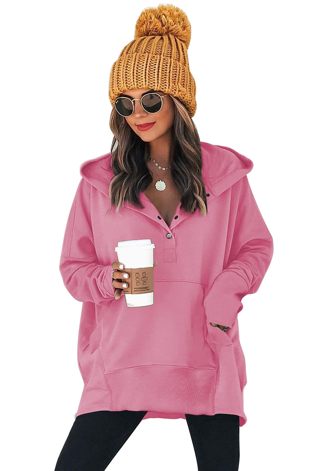 Orange Snap Button Long Sleeve Oversized Hoodie