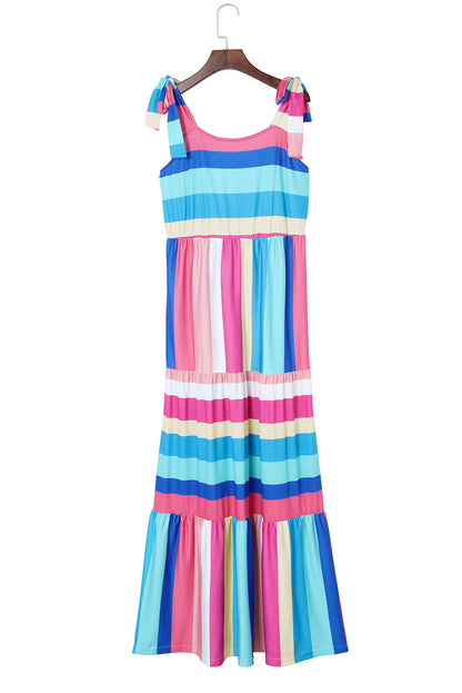 Multicolor Striped Print Bow Knot Straps Sleeveless Maxi Dress