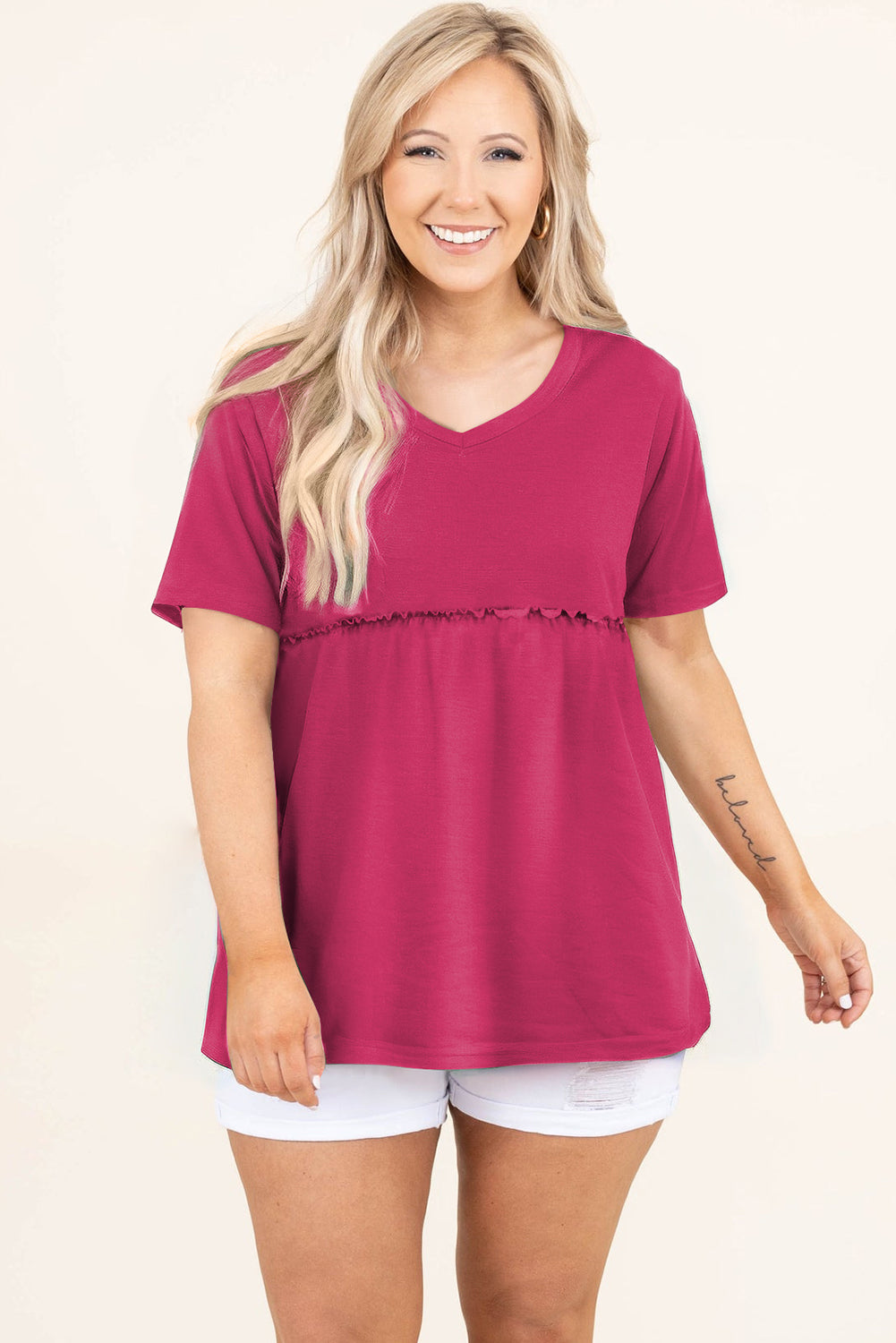 Rose Red Solid Color Short Sleeve Flowy Plus Size Top