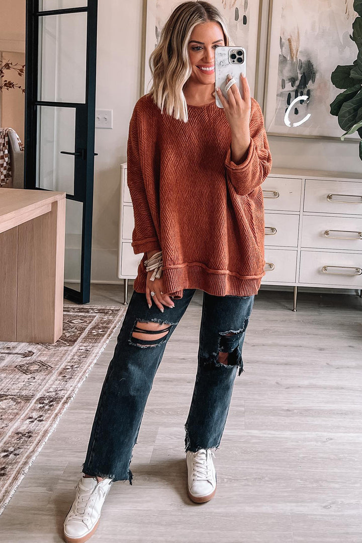 Gold Flame Loose Round Neck Textured Sweater
