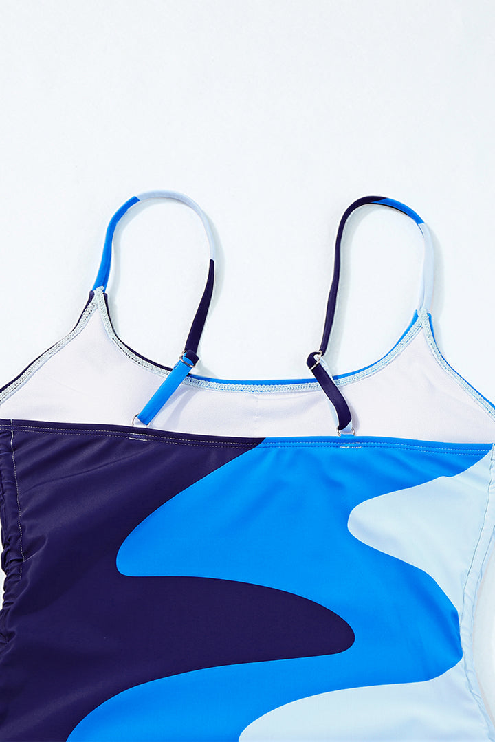 Sky Blue Color Block Drawstring Sides One Piece Swimsuit