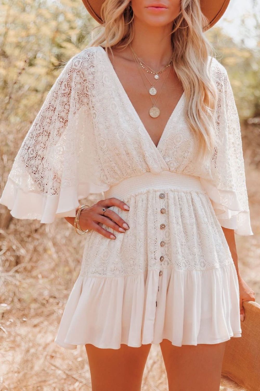 Lace Cutout Surplice Half Sleeve Dress