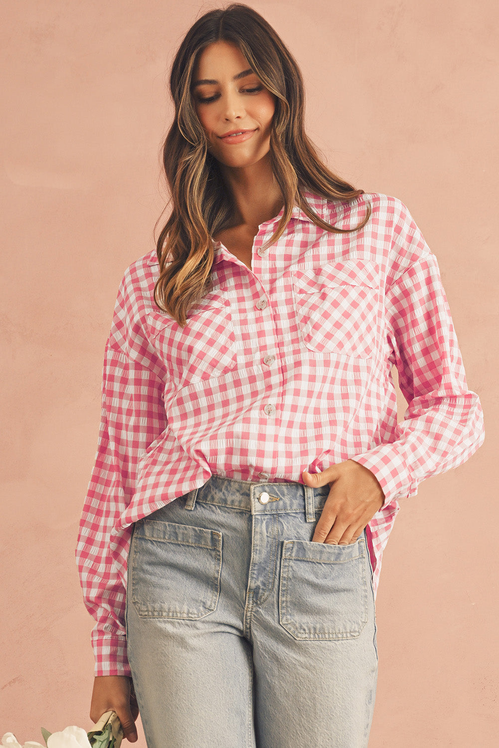 Pink Gingham Print Chest Pockets Buttoned Shirt