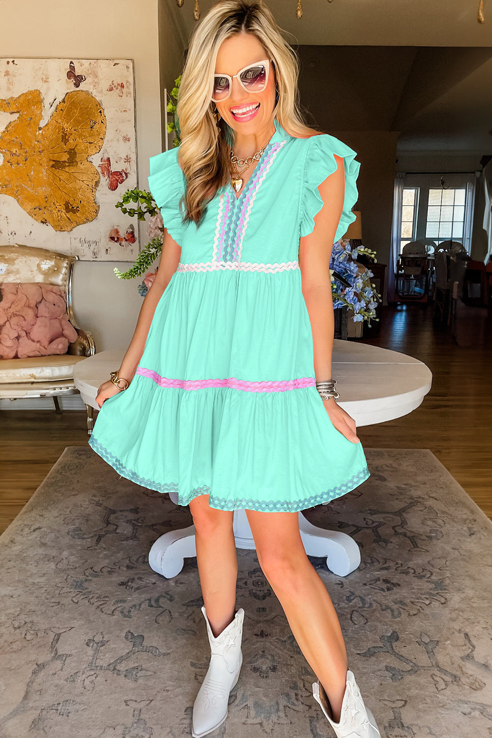 Wholesale Mint Green Flutter Sleeve V Neck Ric Rac Tiered Dress