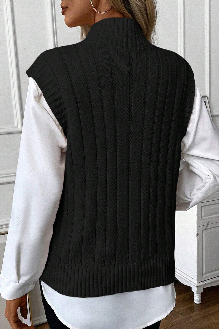 Oatmeal Ribbed Trim High Neck Cable Knit Sweater Vest