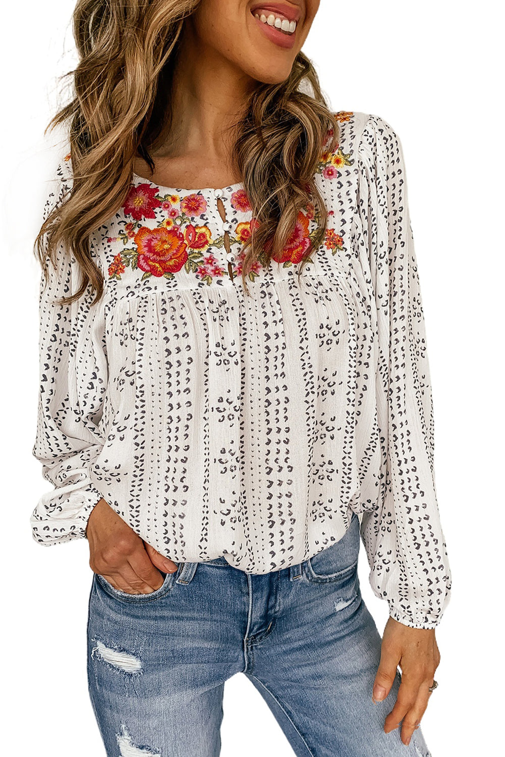 Beige Bohemian Floral Embroidered Printed Buttons Front Blouse