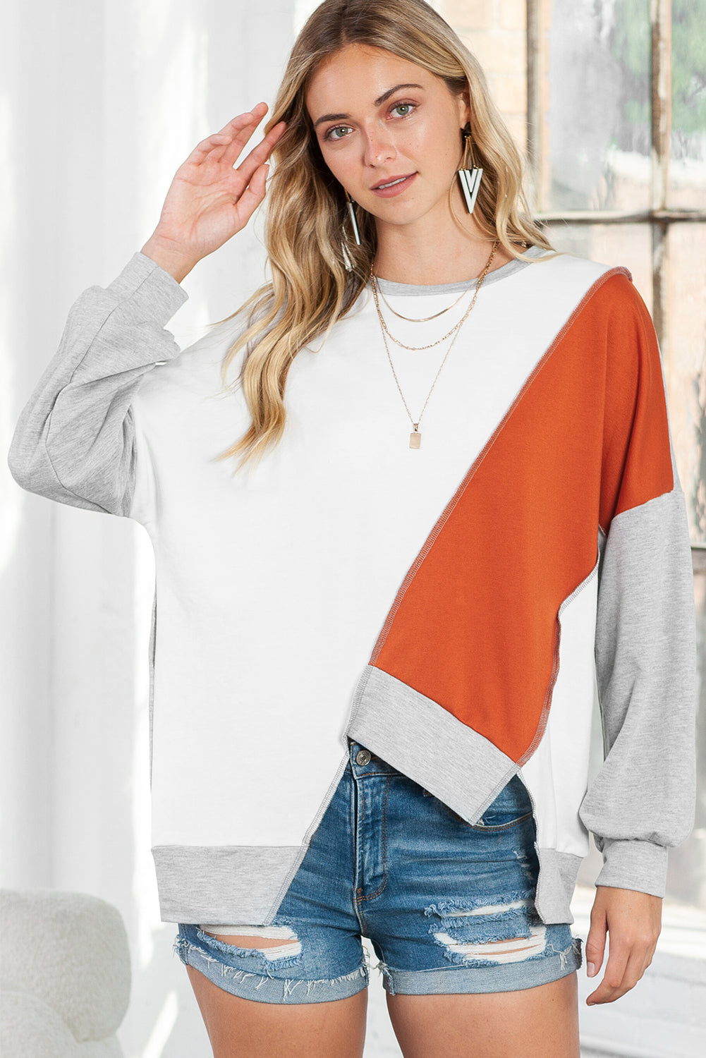 Khaki Colorblock Stitching Irregular Hem Long Sleeve Top