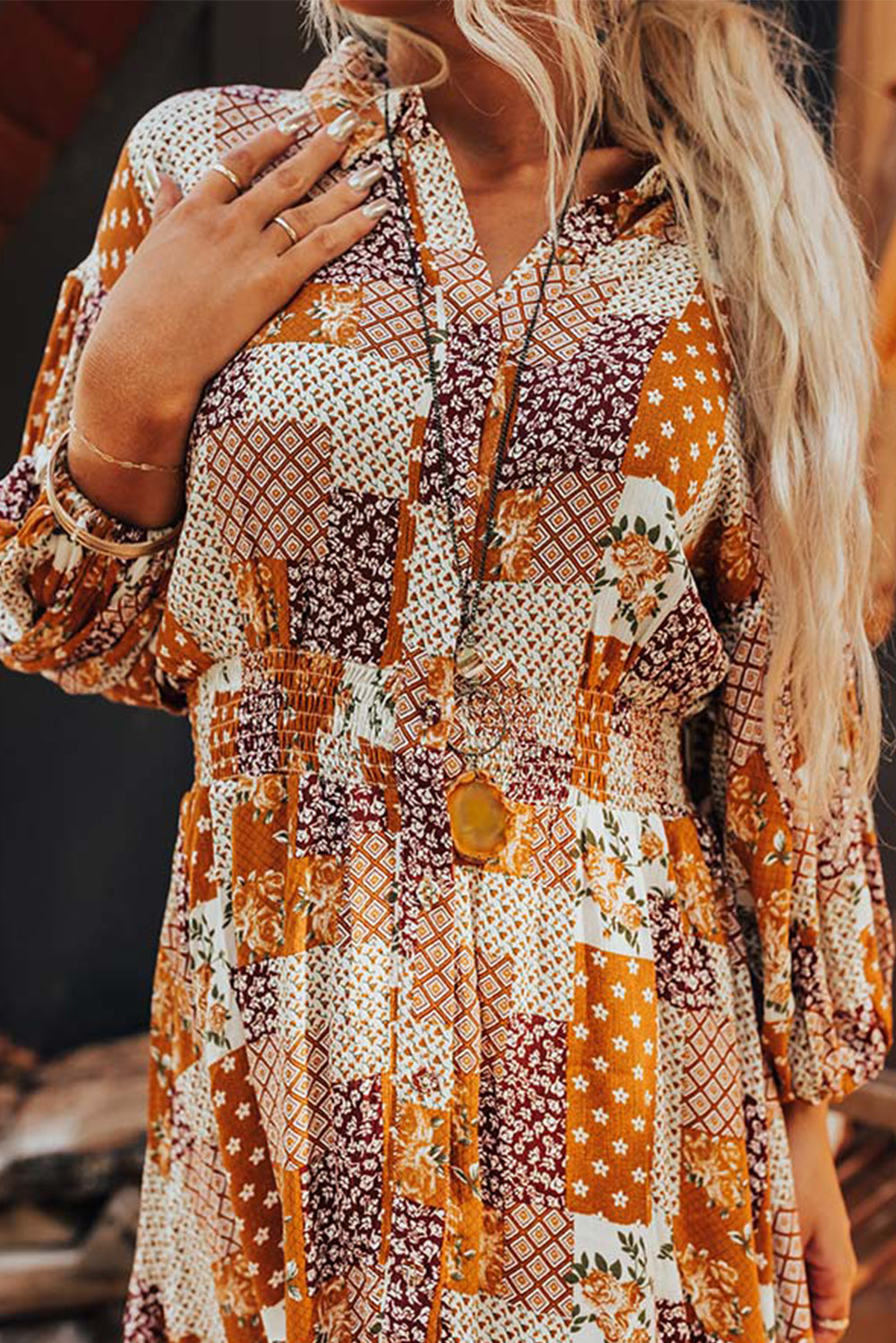 Orange Boho Floral Puff Sleeve Smocked Waist Mini Shirt Dress