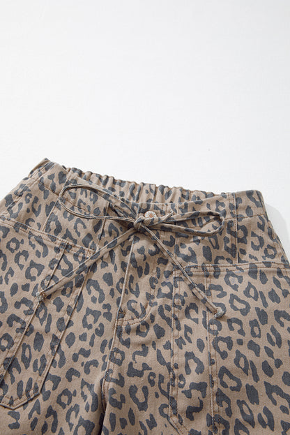 Khaki Leopard Print Drawstring Waist Pocketed Wide Leg Jeans