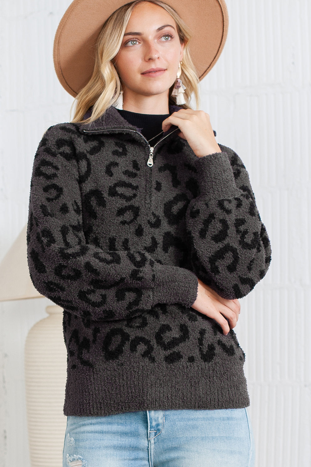 Gray Casual Animal Print Zipped Collared Sweater