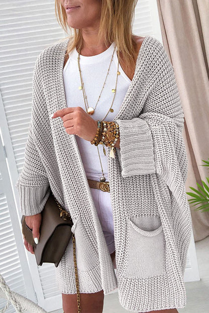 Khaki Batwing Sleeve Pocket Oversized Cable Knit Cardigan