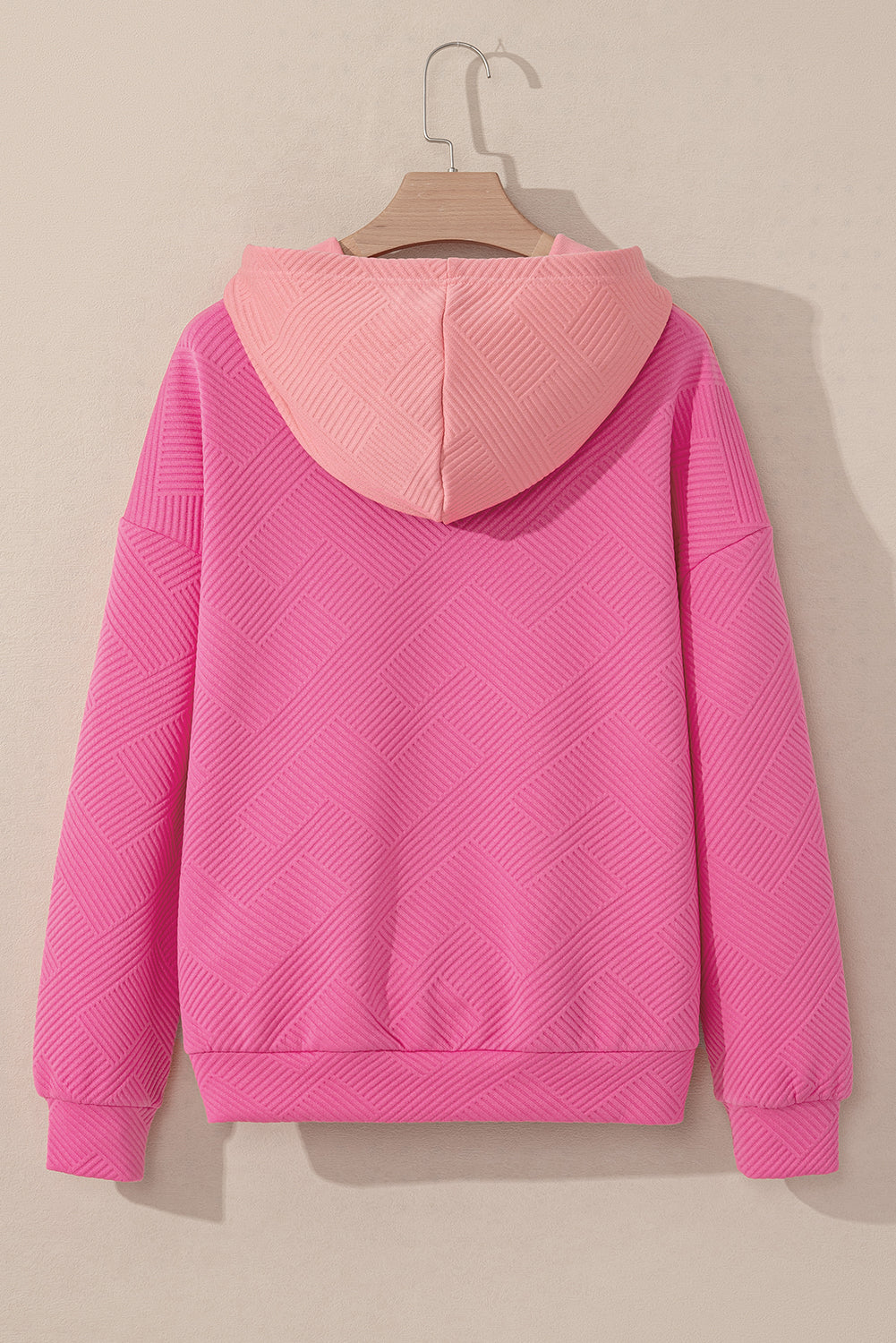 Pink Textured Patchwork Kangaroo Pocket Drop Shoulder Hoodie