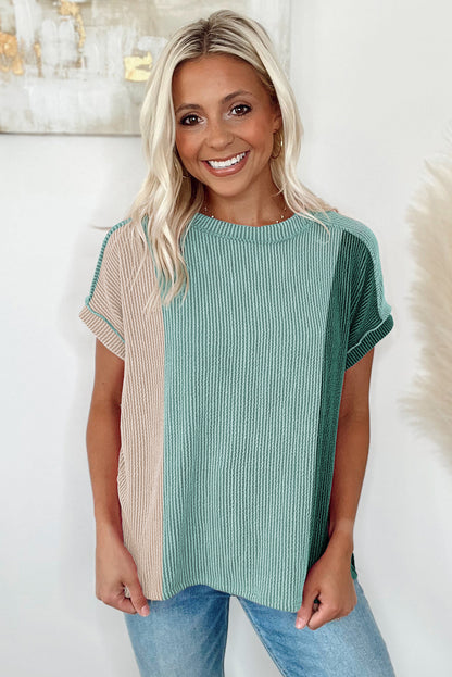 Apricot Pink Colorblock Ribbed Round Neck T Shirt