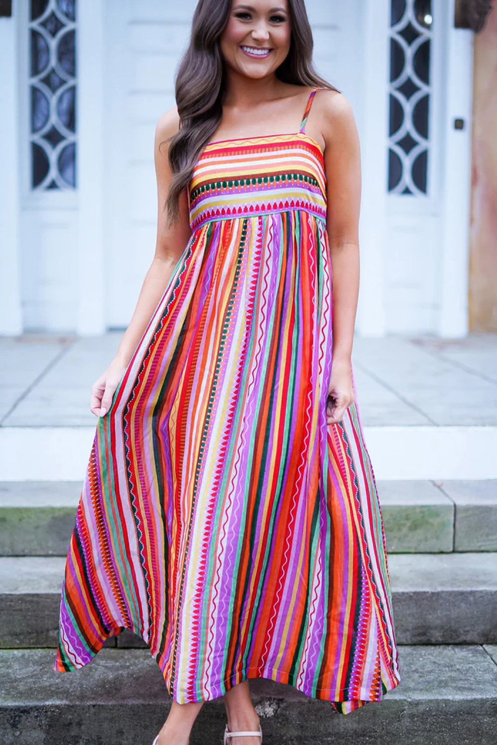 Multicolour Boho Striped Spaghetti Strap Smocked Back Maxi Dress