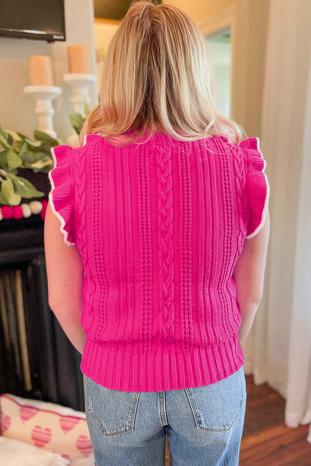 Strawberry Pink Contrast Trim Ruffle Sleeveless Twist Cable Knit Top
