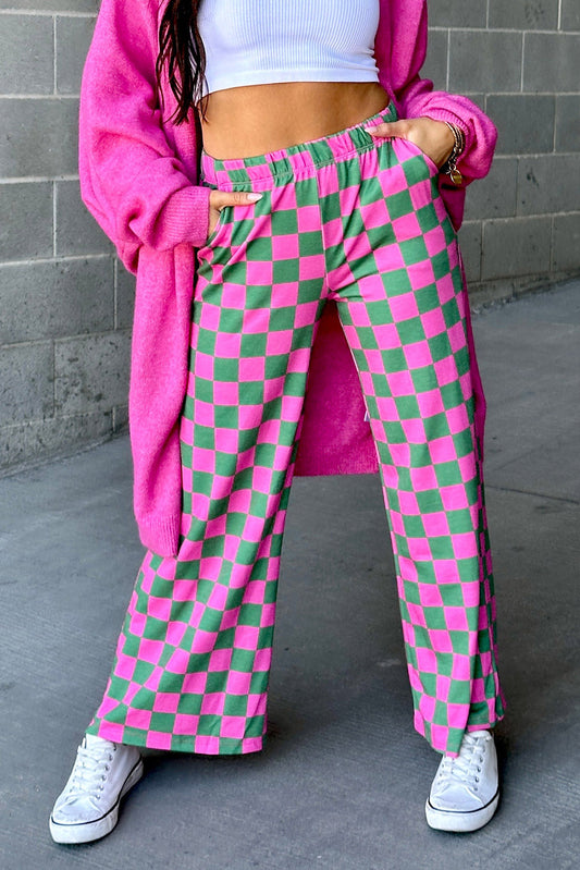 Green Checkered Print High Waist Wide Leg Pants