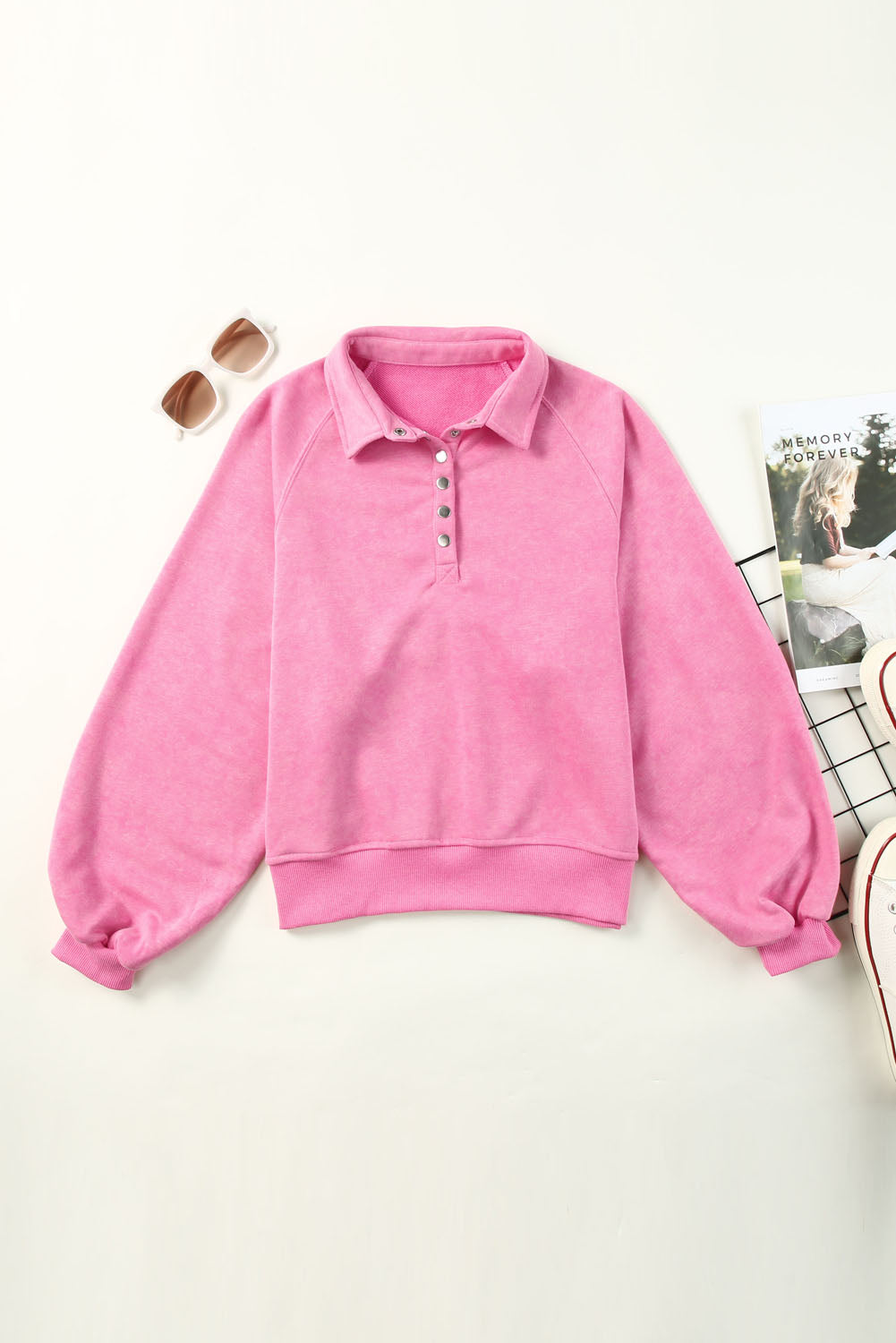 Pink Casual Washed Snap Button Pullover Sweatshirt