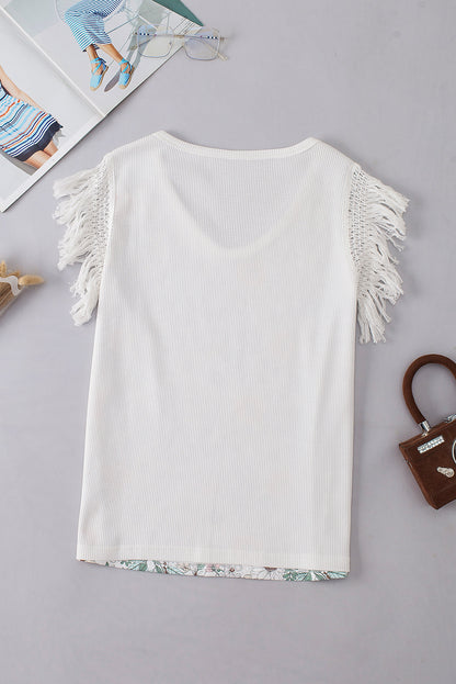 White Boho Floral Print Fringe Shoulder Sleeveless Shirt