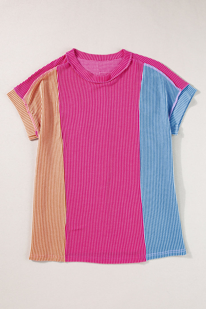 Apricot Pink Colorblock Ribbed Round Neck T Shirt