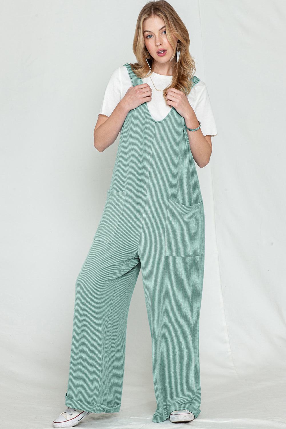 Dark Grey Green Pockets Oversized Ribbed Wide Leg Jumpsuit