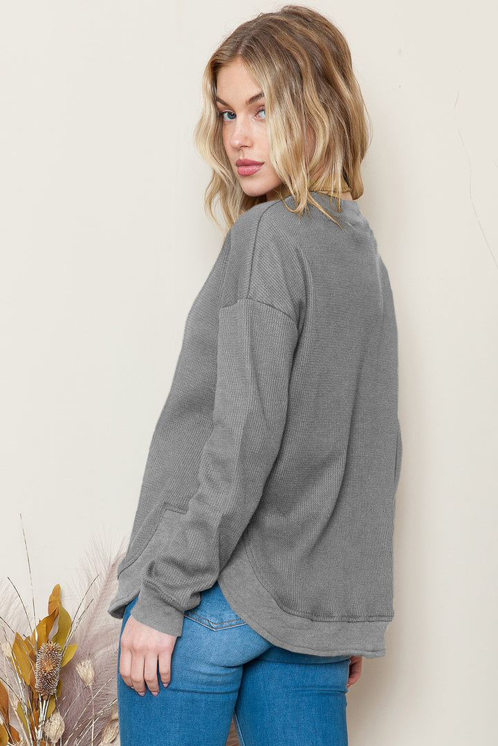 Apricot Crew Neck Ribbed Trim Waffle Knit Long Sleeve Top