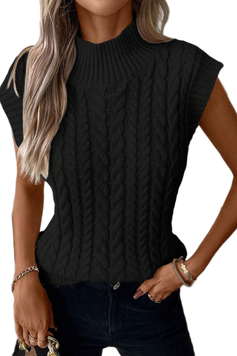 Oatmeal Ribbed Trim High Neck Cable Knit Sweater Vest