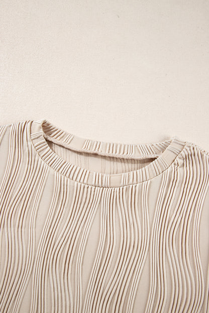 White Wavy Textured Solid Color Drop Shoulder Pullover Top