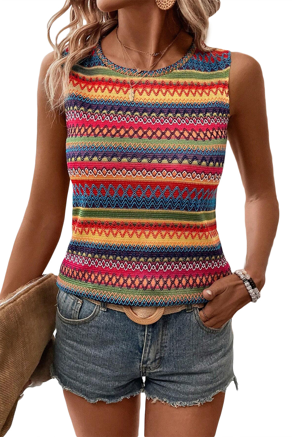 Purple Ethnic Wavy Pattern Round Neck Sleeveless Top