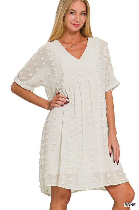 SWISS DOT BABYDOLL V-NECK DRESS