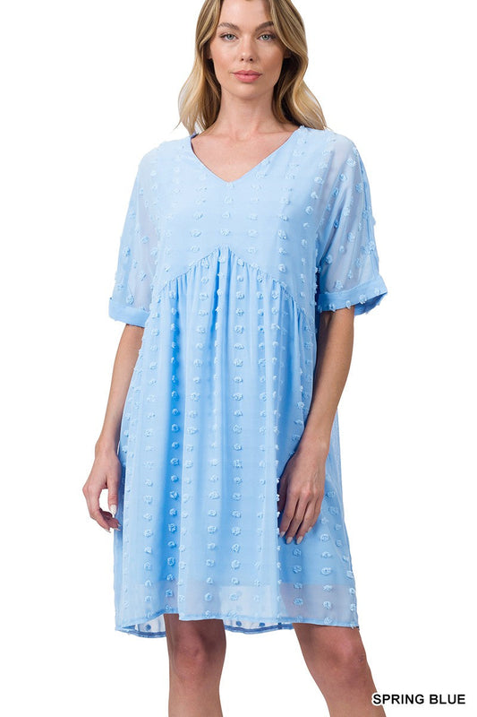 SWISS DOT babydoll V-neck dress in spring blue.