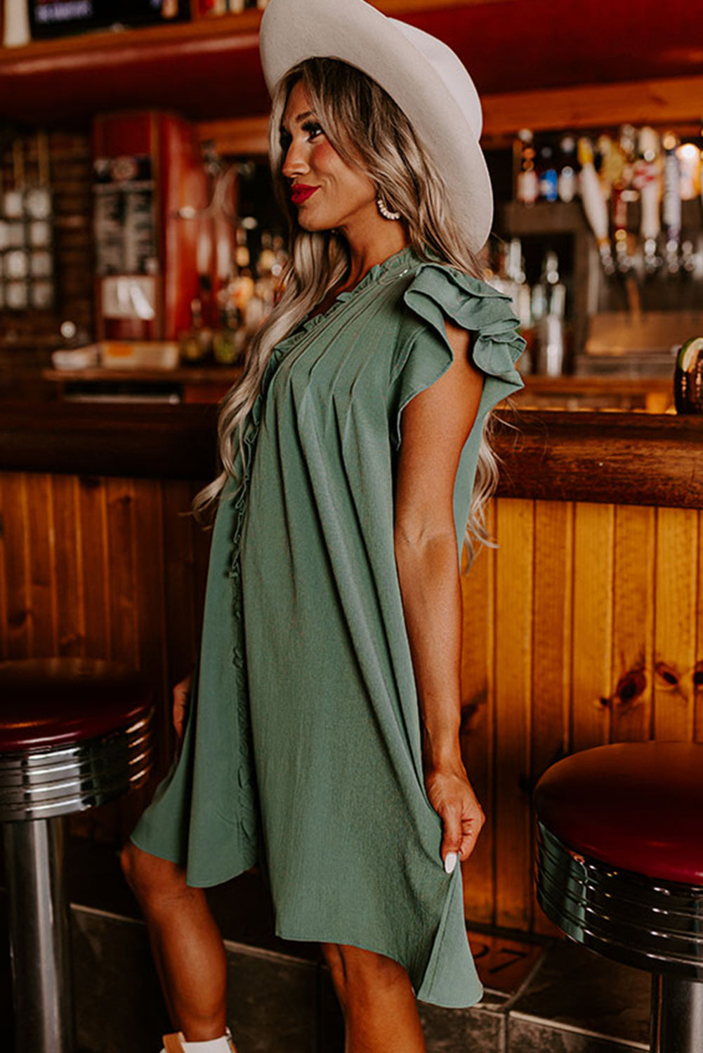 Mist Green Ruffle Trim Sleeve