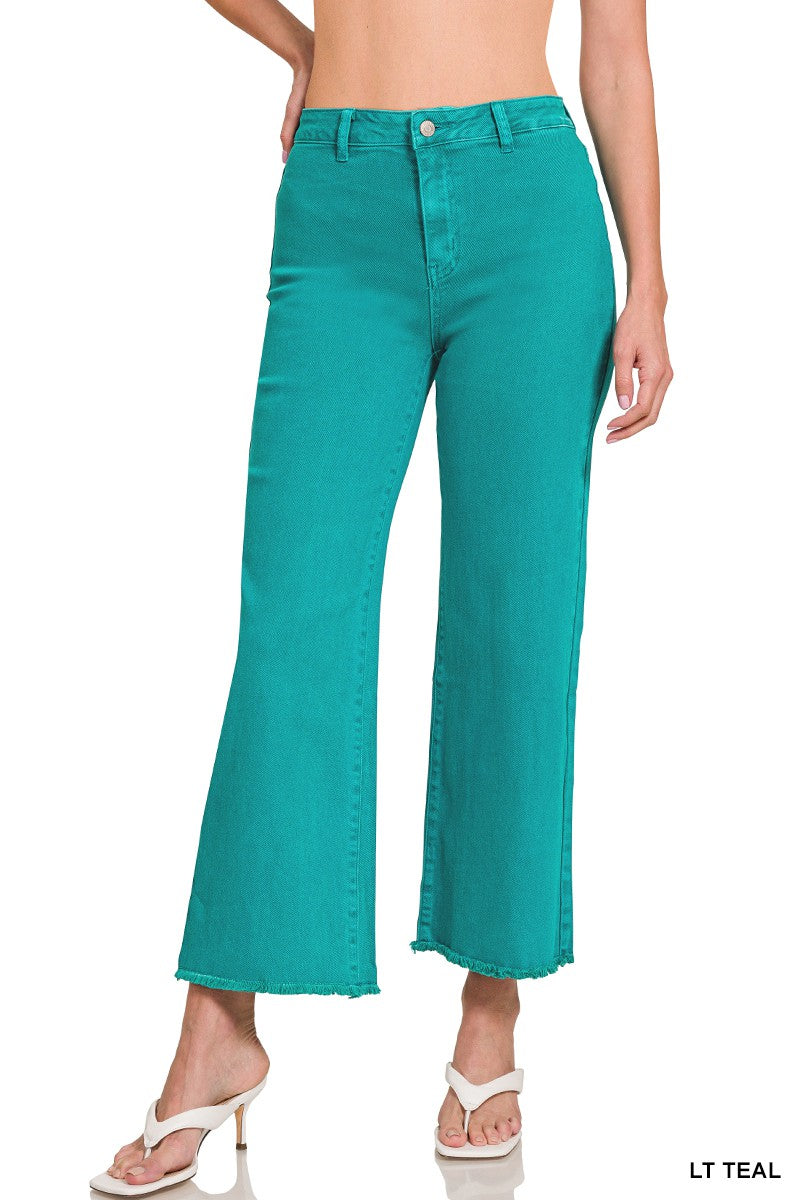 Acid Washed Frayed Cutoff Hem Straight Wide Pants- Zenana