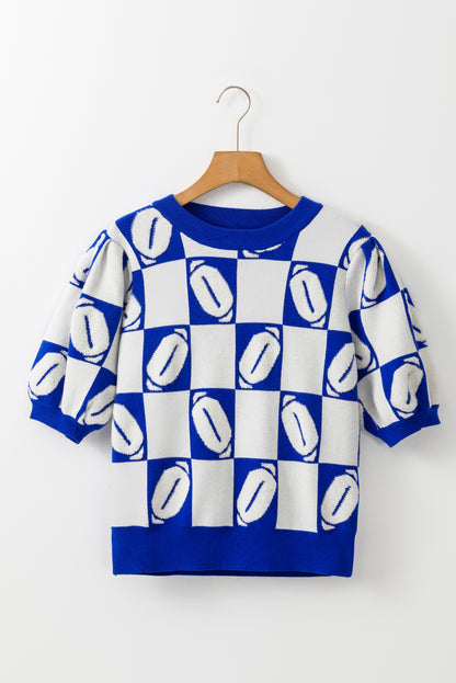 Dark Blue Rugby Plaid Color Block Puff Sleeve Knit Top