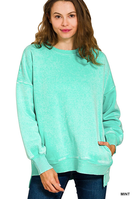 Zenana- Acid Wash Fleece Hi-low Hem Pullover