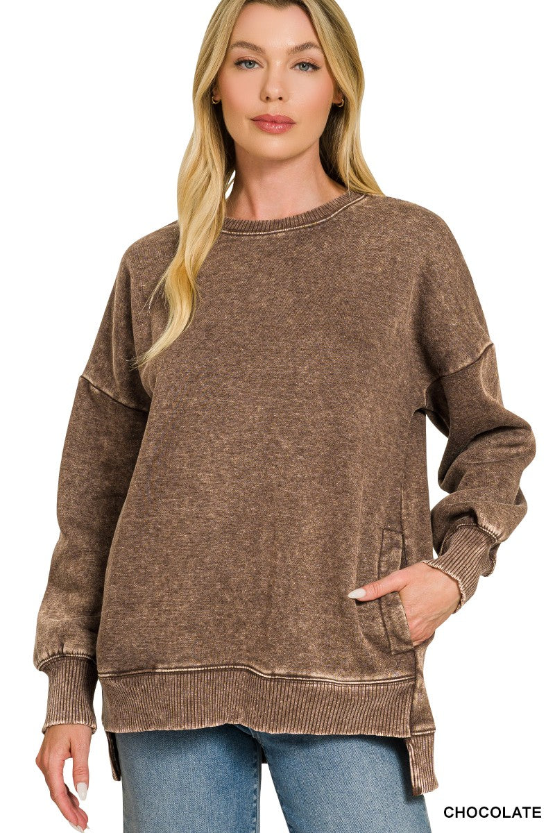 Zenana- Acid Wash Fleece Hi-low Hem Pullover
