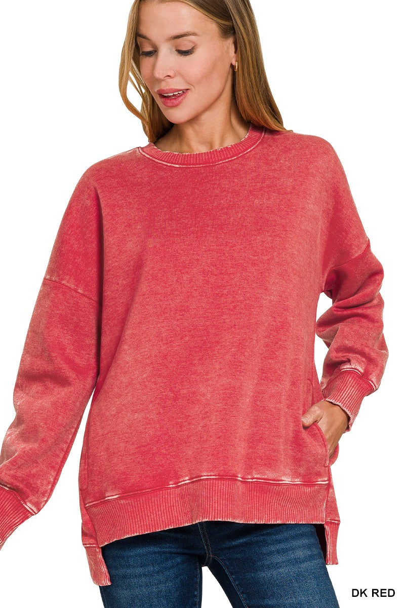 Zenana- Acid Wash Fleece Hi-low Hem Pullover