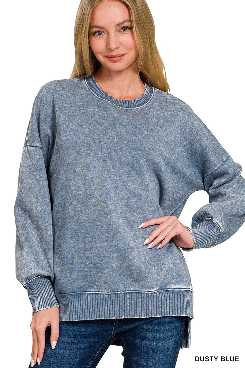 Zenana- Acid Wash Fleece Hi-low Hem Pullover