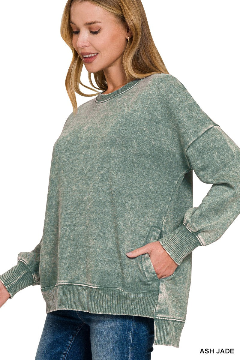 Zenana- Acid Wash Fleece Hi-low Hem Pullover