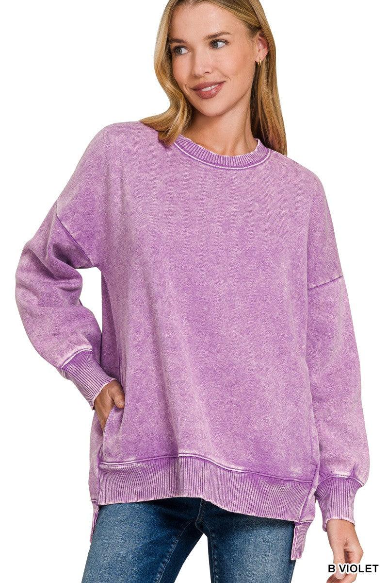 Zenana- Acid Wash Fleece Hi-low Hem Pullover