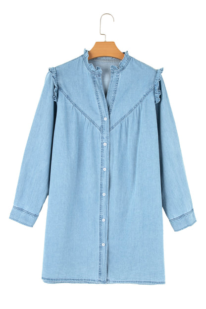 Myosotis Frill V Neck Buttoned Denim Dress