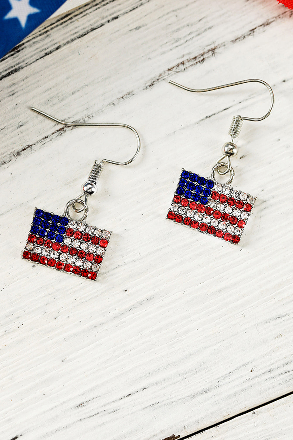 Fiery Red Rhinestone USA Flag Squared Drop Earrings