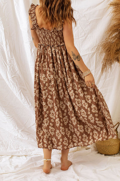 Brown Floral Print Casual Ruffle Straps Smocked Midi Dress